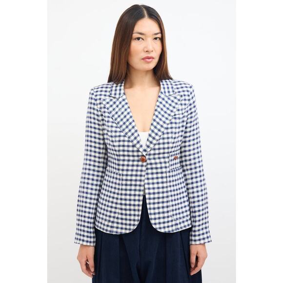 Smythe Gingham Duchess Blazer size 2 Linen Navy white Leather Preppy - Picture 1 of 12
